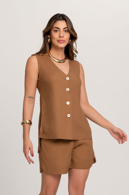 Blusa De Linho Alongada Marrom Com Abertura Lateral Frysaide