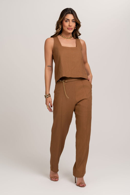 Blusa De Linho Marrom Com Abertura Nas Costas Frysaide