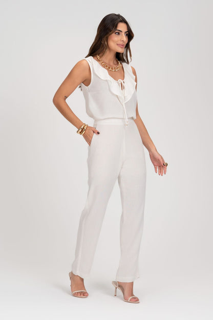 Blusa De Linho Off White Com Babado Frysaide