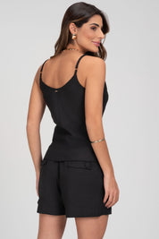 Blusa De Linho Preta Com Decote V Frysaide