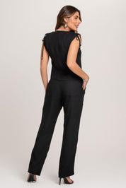 Blusa De Linho Zoe Com Ombro Repuxado Preto Frysaide