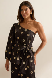 Blusa Flo Maria Preta Um Ombro Só Bordada