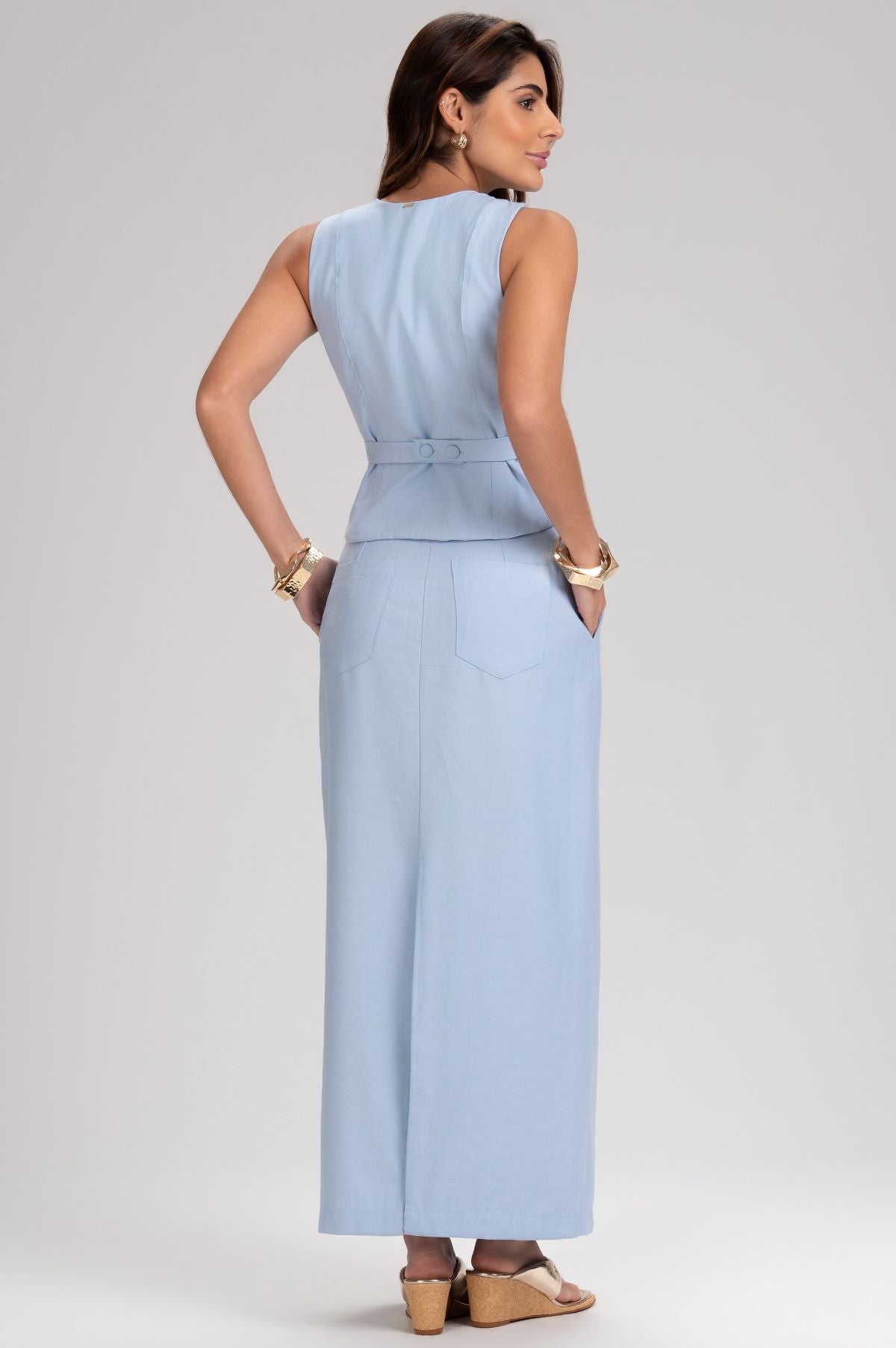 Blusa Frysaide Azul Alfaiataria Cinto Peplum