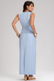 Blusa Frysaide Azul Alfaiataria Cinto Peplum