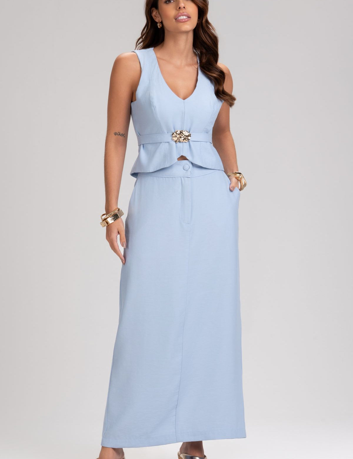Blusa Frysaide Azul Alfaiataria Cinto Peplum