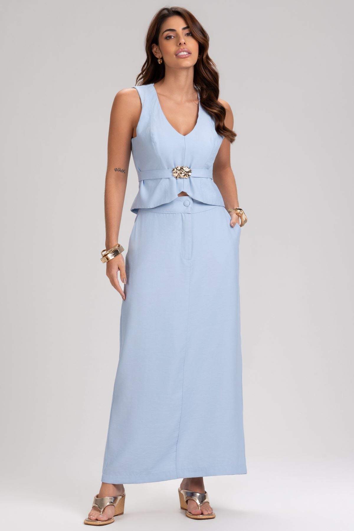 Blusa Frysaide Azul Alfaiataria Cinto Peplum