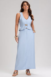 Blusa Frysaide Azul Alfaiataria Cinto Peplum