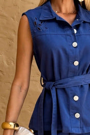 Blusa Frysaide Azul Marinho Alongada Faixa Botões