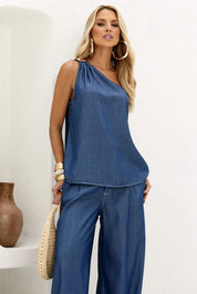 Blusa Frysaide Azul Um Ombro Só Jeans