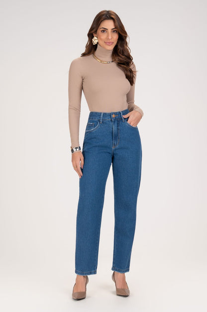 Blusa Frysaide Bege Canelada Gola Alta