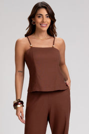 Blusa Frysaide Marrom Linho Alças Ponteiras