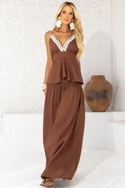 Blusa Frysaide Marrom Linho Guipir Decote V