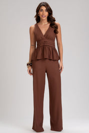 Blusa Frysaide Marrom Linho Peplum Decote V