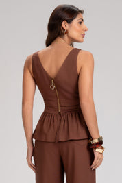 Blusa Frysaide Marrom Linho Peplum Decote V