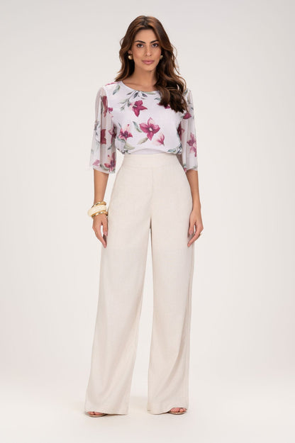 Blusa Frysaide Off White Floral Manga Em Tule