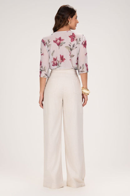 Blusa Frysaide Off White Floral Manga Em Tule