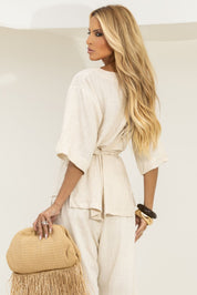 Blusa Frysaide Off White Linho Alongada Com Cinto