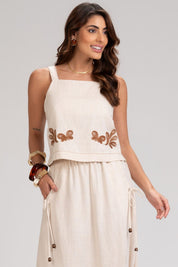 Blusa Frysaide Off White Linho Bordado Cropped