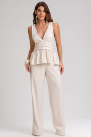 Blusa Frysaide Off White Linho Peplum Decote V