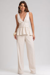 Blusa Frysaide Off White Linho Peplum Decote V