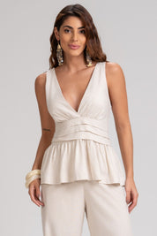Blusa Frysaide Off White Linho Peplum Decote V