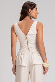 Blusa Frysaide Off White Linho Peplum Decote V