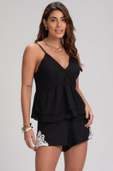 Blusa Frysaide Preta Linho Babado Duplo