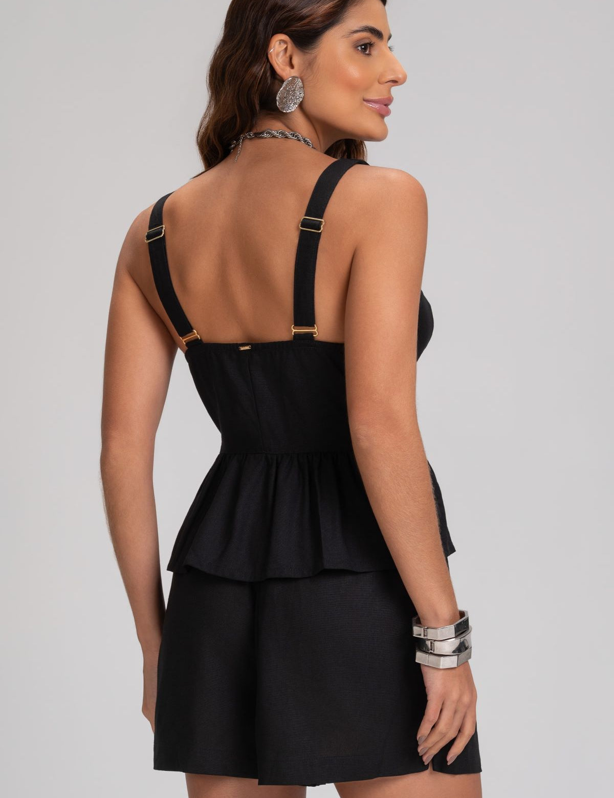 Blusa Frysaide Preta Linho Peplum Alças Largas