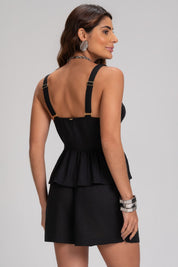 Blusa Frysaide Preta Linho Peplum Alças Largas