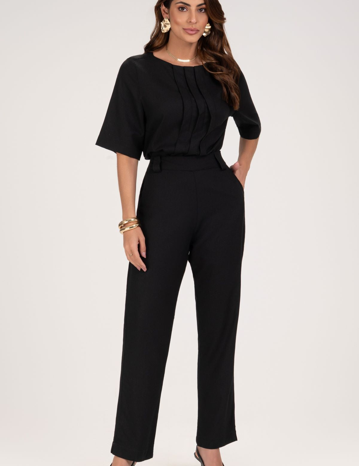 Blusa Frysaide Preta Linho Pregas Frontais