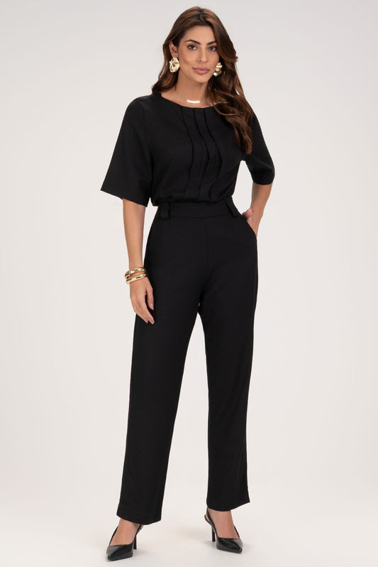 Blusa Frysaide Preta Linho Pregas Frontais