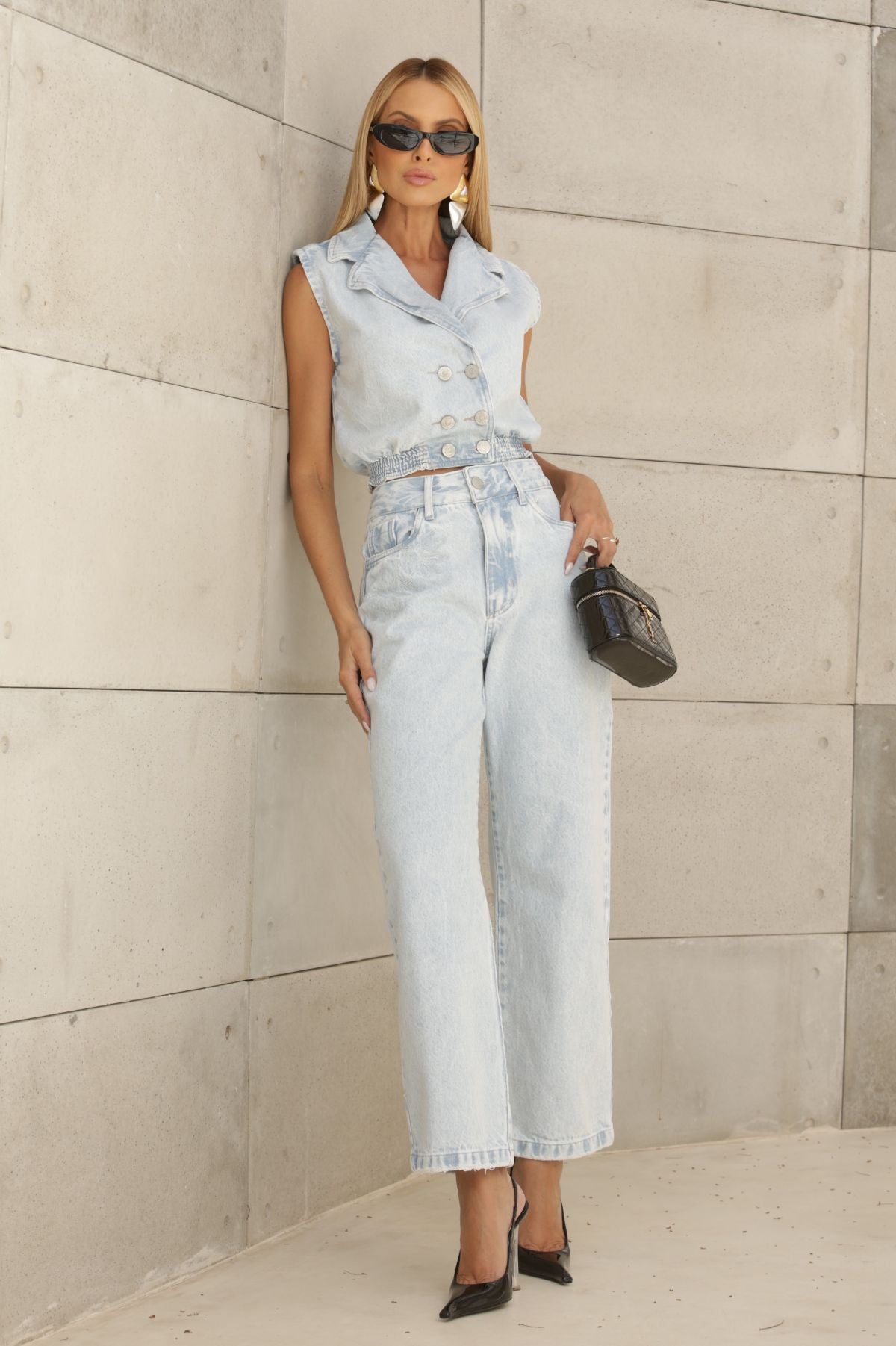 Blusa Jeans Frysaide Azul Botões Dupla Abotoadura