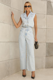Blusa Jeans Frysaide Azul Botões Dupla Abotoadura