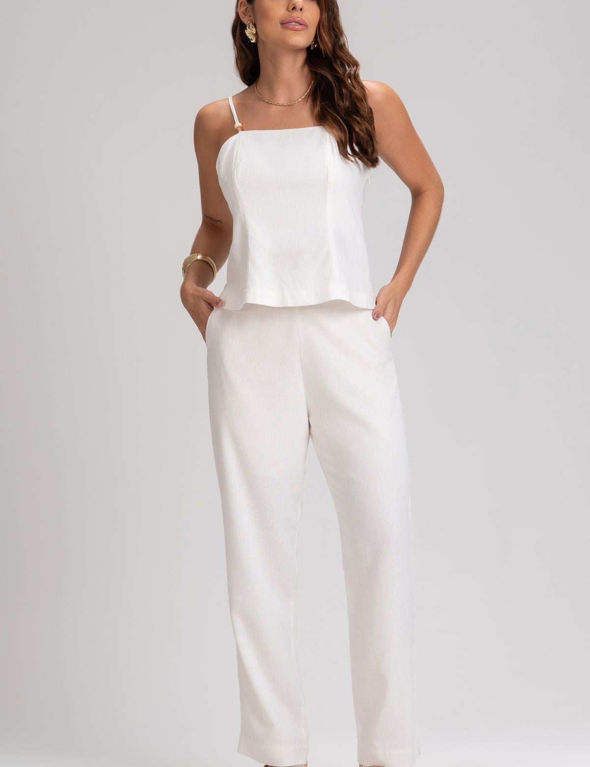 Blusa Linho Frysaide Off White Alças Ajustáveis