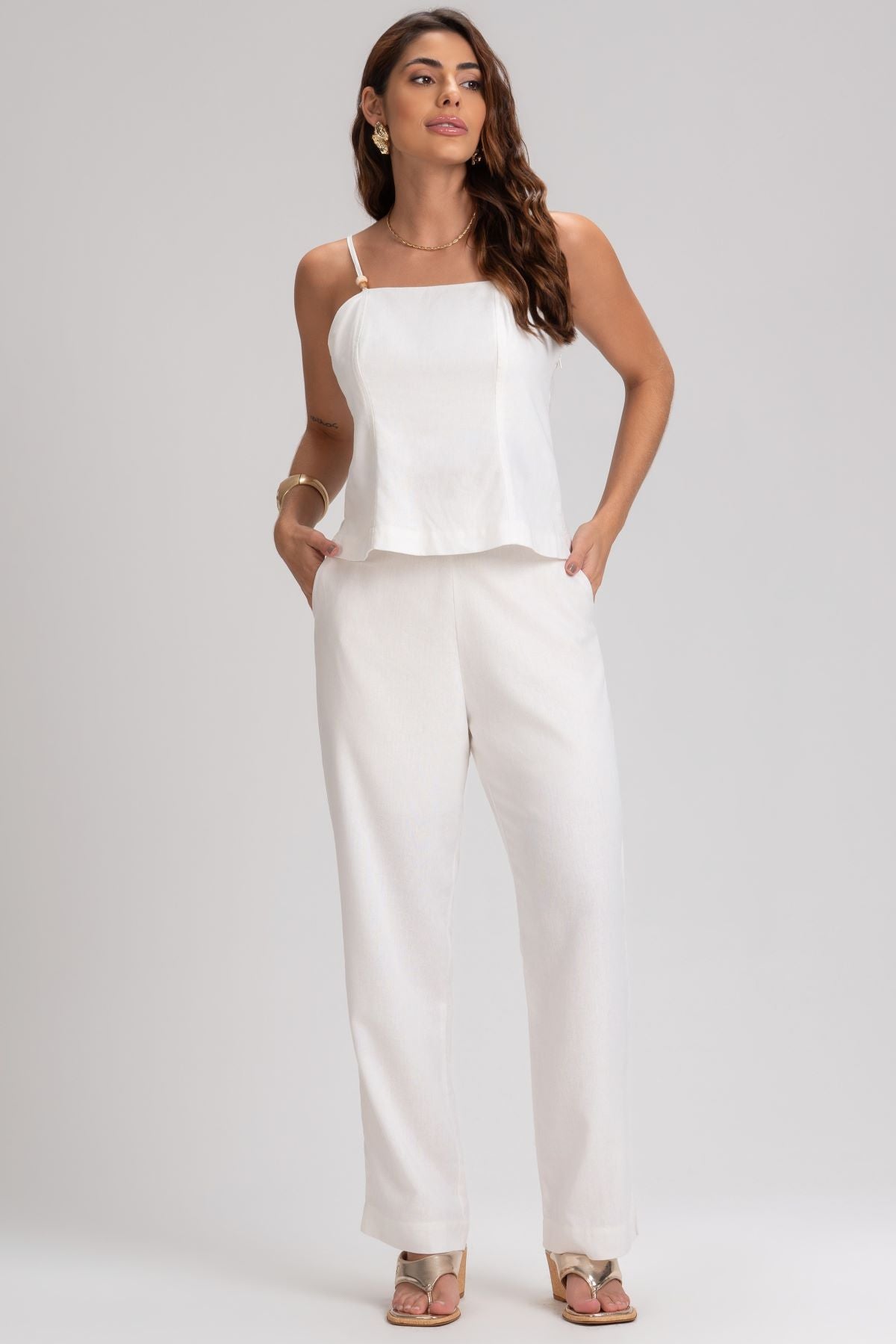 Blusa Linho Frysaide Off White Alças Ajustáveis