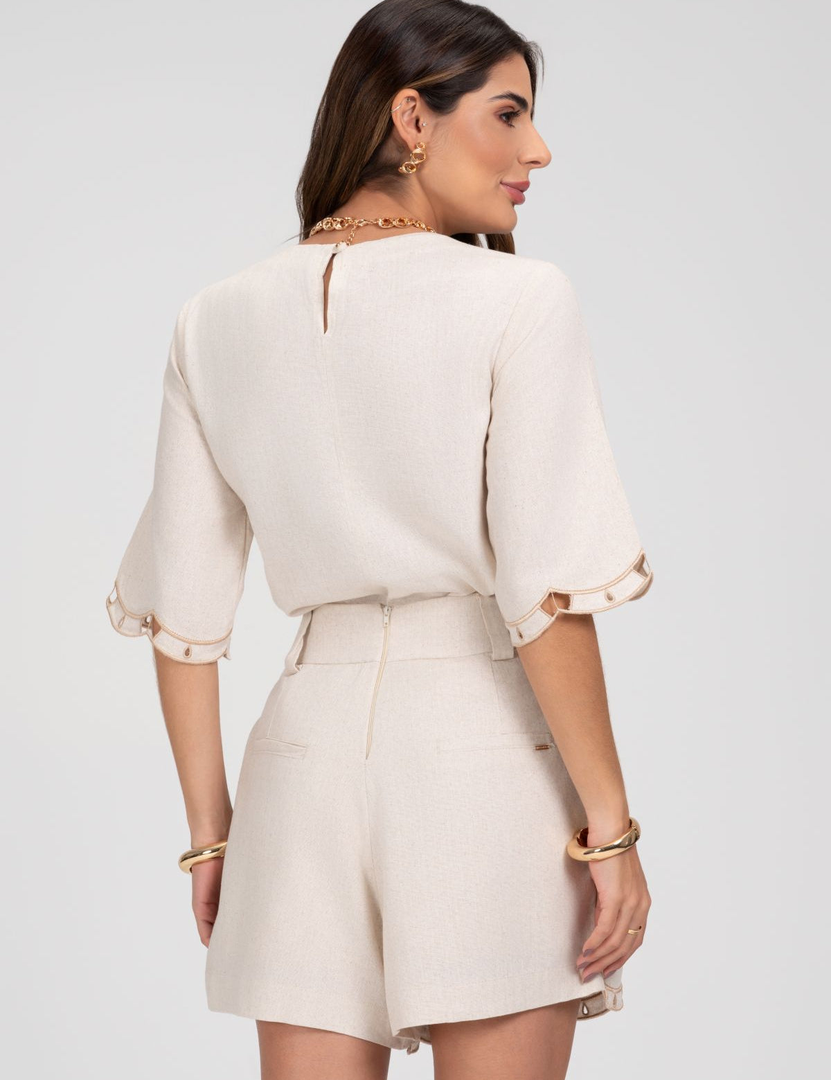 Blusa Linho Natural Com Bordado Frysaide