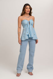Blusa Voil Bordada Com Decote De Amarrar Azul Frysaide 