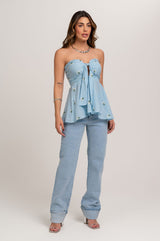 Blusa Voil Bordada Com Decote De Amarrar Azul Frysaide