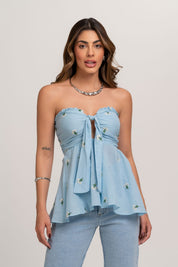 Blusa Voil Bordada Com Decote De Amarrar Azul Frysaide 