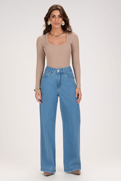 Body Canelado Frysaide Bege Decote Quadrado