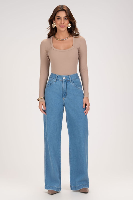 Body Canelado Frysaide Bege Decote Quadrado