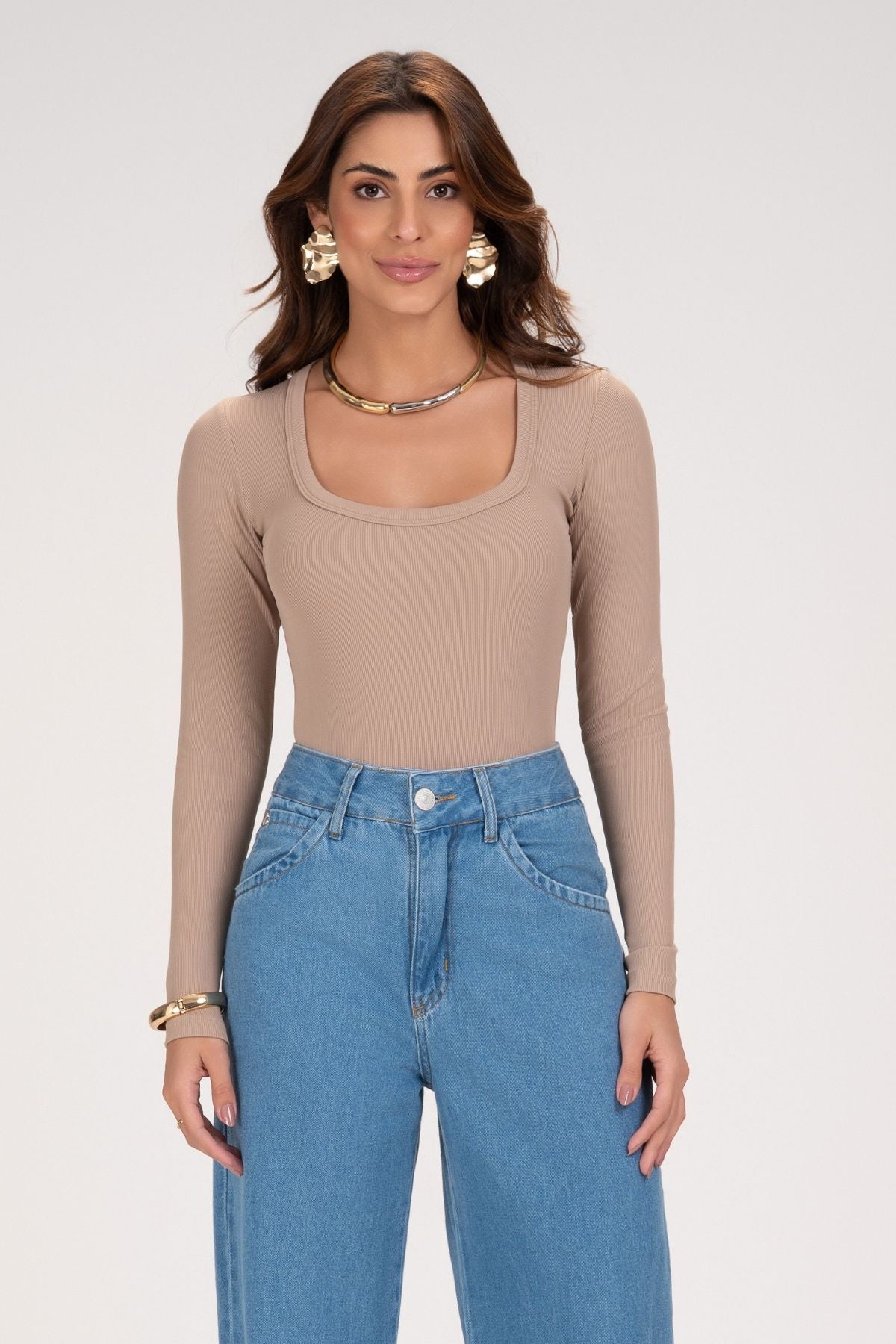 Body Canelado Frysaide Bege Decote Quadrado