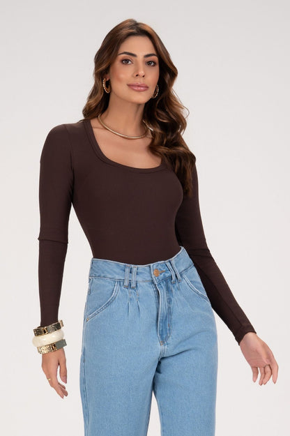 Body FRYSAIDE Marrom Canelado Manga Longa