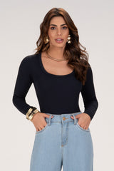 Body Frysaide Preto Canelado Manga Longa
