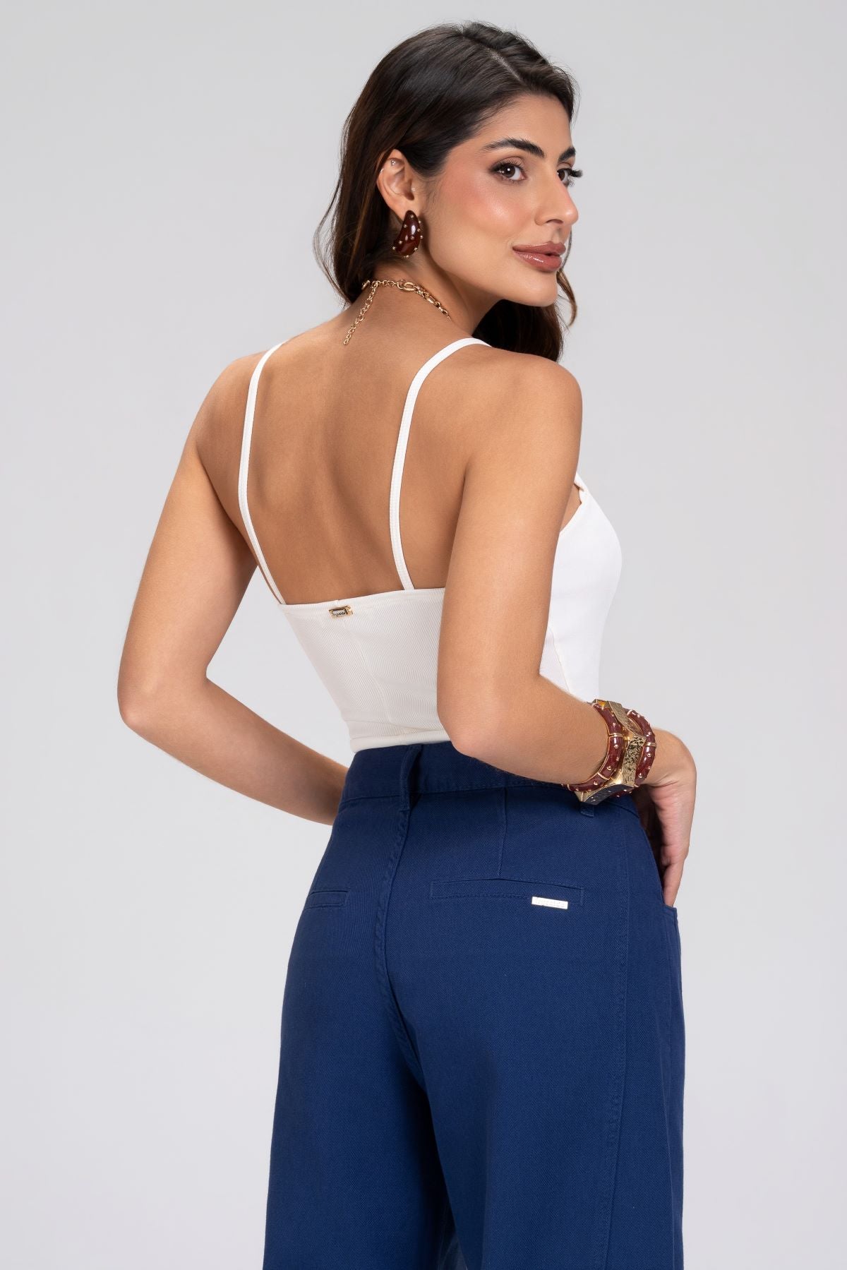 Body Frysaide Off White Canelado Alças Finas