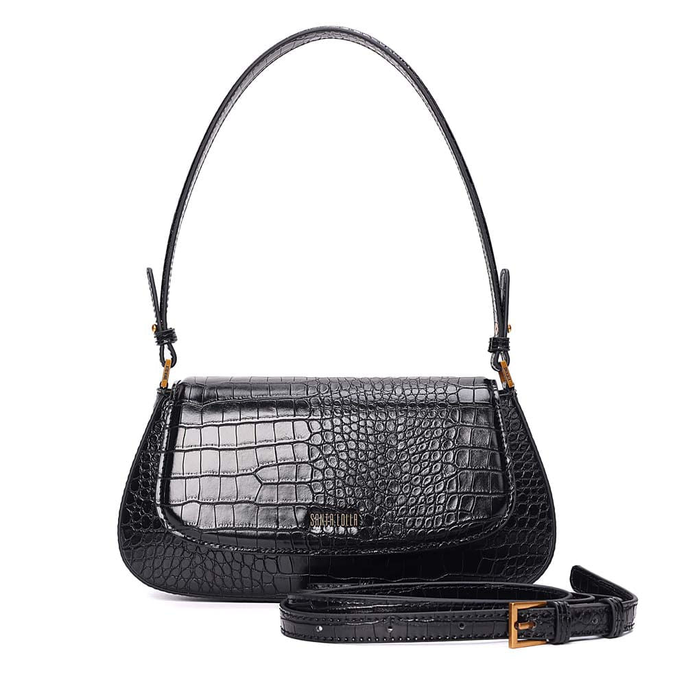 Bolsa Baguete Santa Lolla Preta Croco Alça Dupla