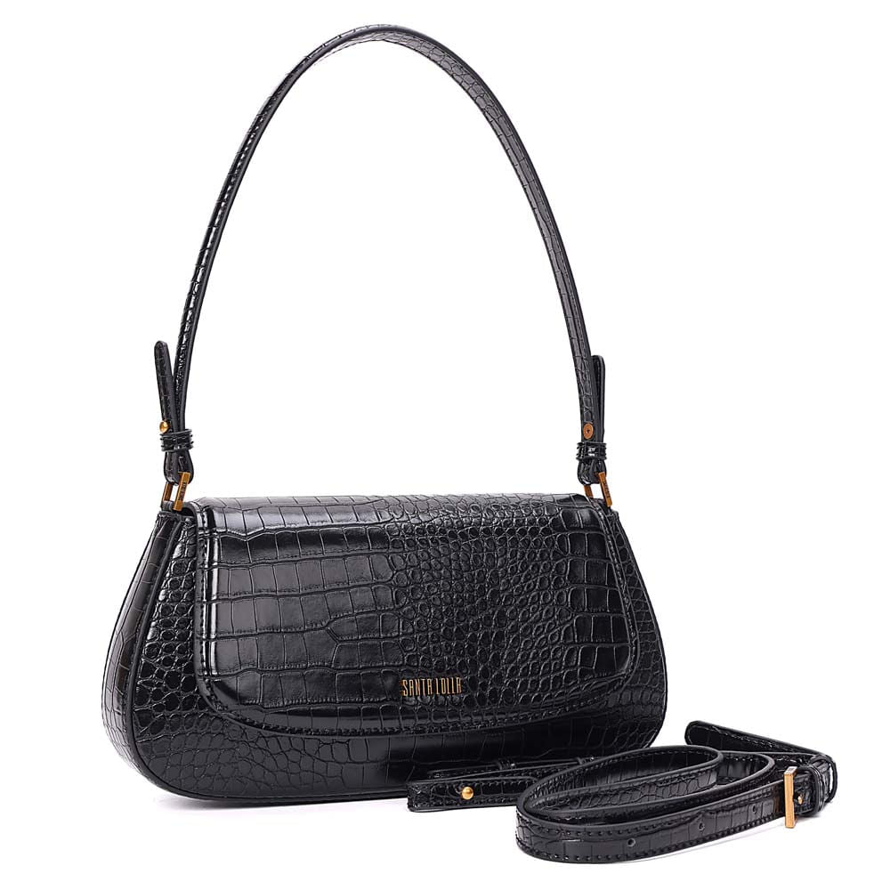 Bolsa Baguete Santa Lolla Preta Croco Alça Dupla