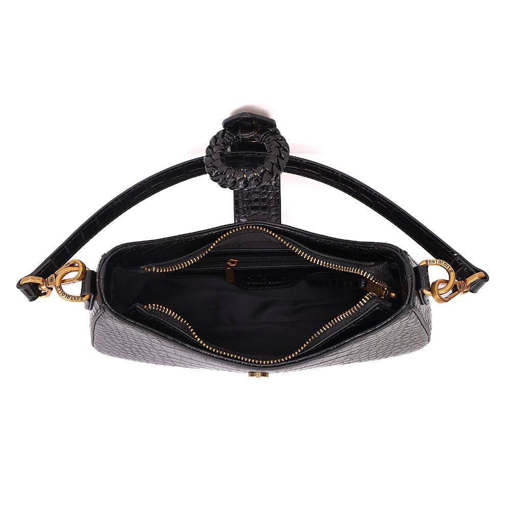 Bolsa Baguete Santa Lolla Preta Croco Alças Duplas