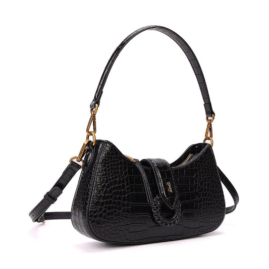 Bolsa Baguete Santa Lolla Preta Croco Alças Duplas