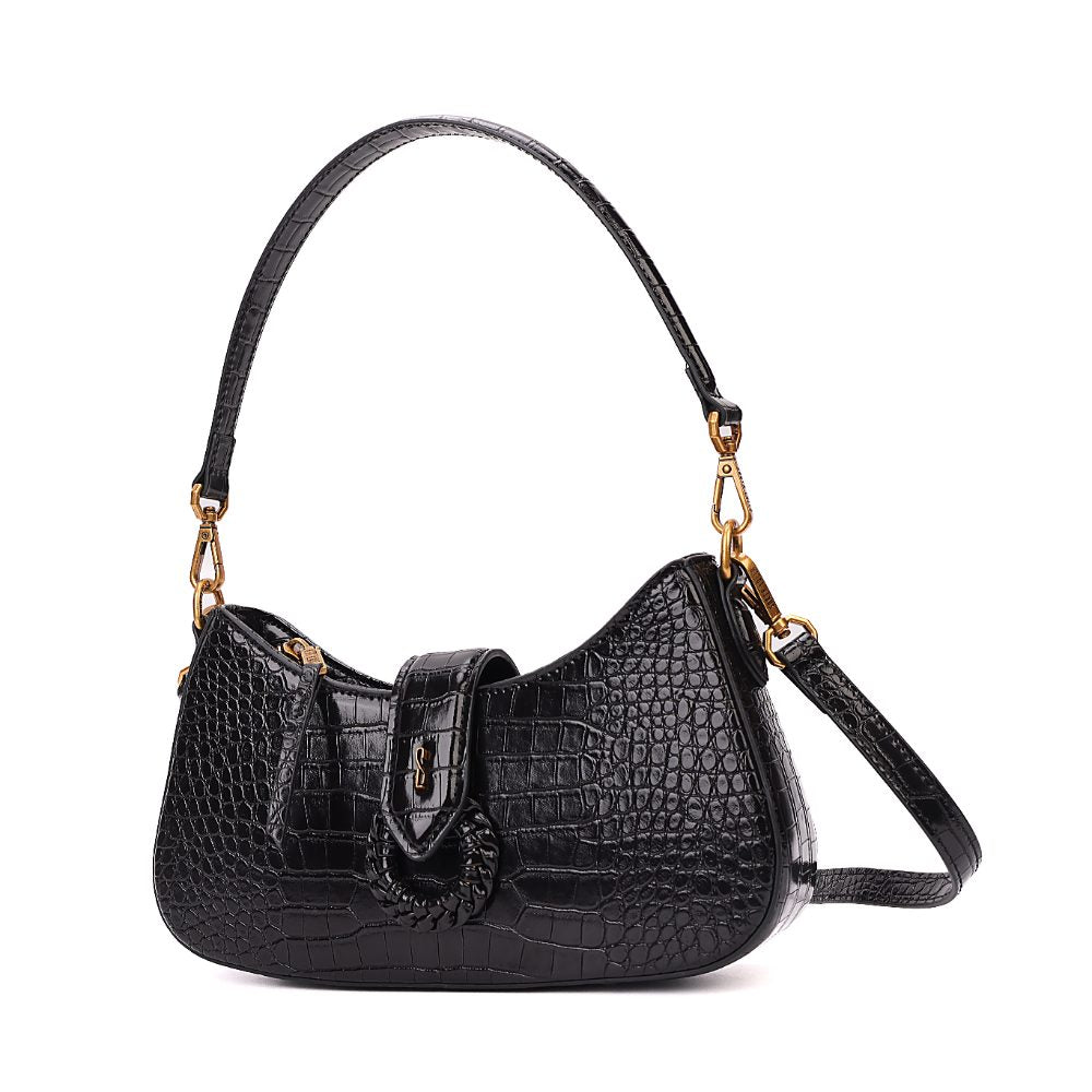 Bolsa Baguete Santa Lolla Preta Croco Alças Duplas